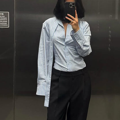 Women Clothing Striped Collared Shirt Women Waist Controlled Long Sleeves Lace up Cardigan Shirt Top Kigali