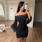Sexy Woman Lace Stitching off Shoulder Dress Adult Lady like Woman Bell Sleeve Hip Dress LingSharp