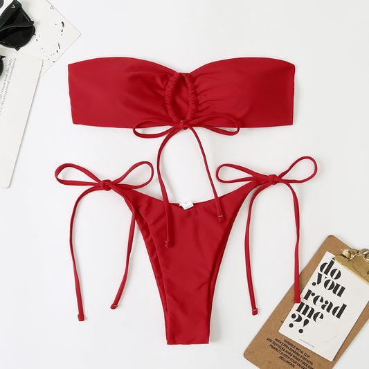 Bikini de dos piezas con parte superior de tubo y abertura en la espalda para mujer, traje de baño de playa sexy