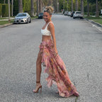 Vacation Dress Summer Floral Print Double Layer Irregular Asymmetric Mop Ruffled Skirt LingSharp