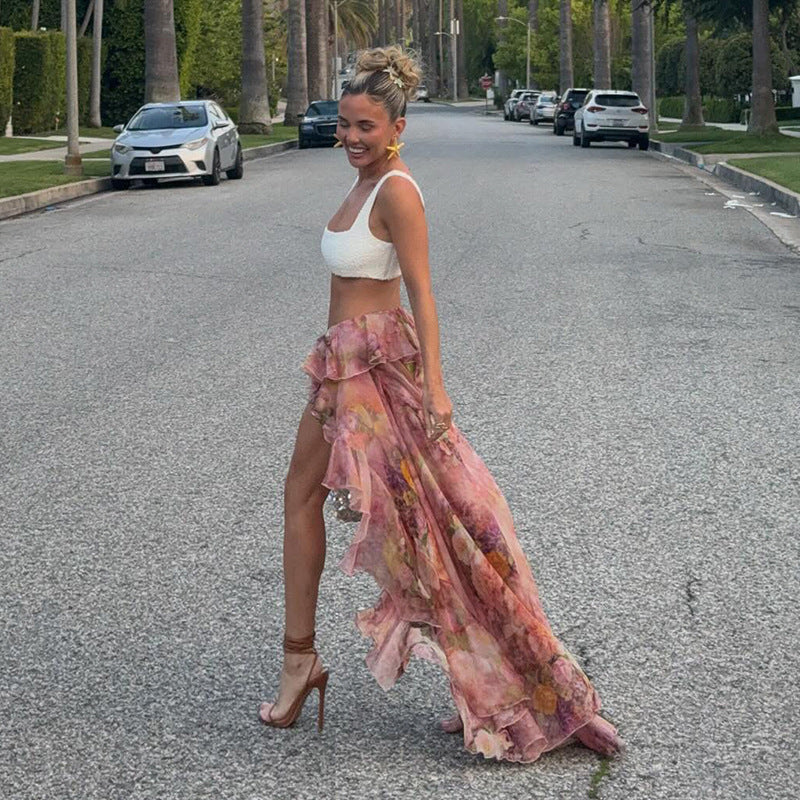 Vacation Dress Summer Floral Print Double Layer Irregular Asymmetric Mop Ruffled Skirt LingSharp