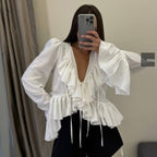 Women Clothing Spring Ruffled Flare Sleeve Tie Neck Top All Matching Shirt Kigali