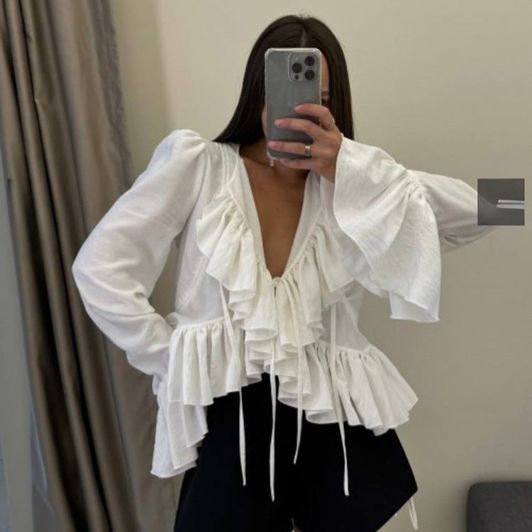 Women Clothing Spring Ruffled Flare Sleeve Tie Neck Top All Matching Shirt Kigali
