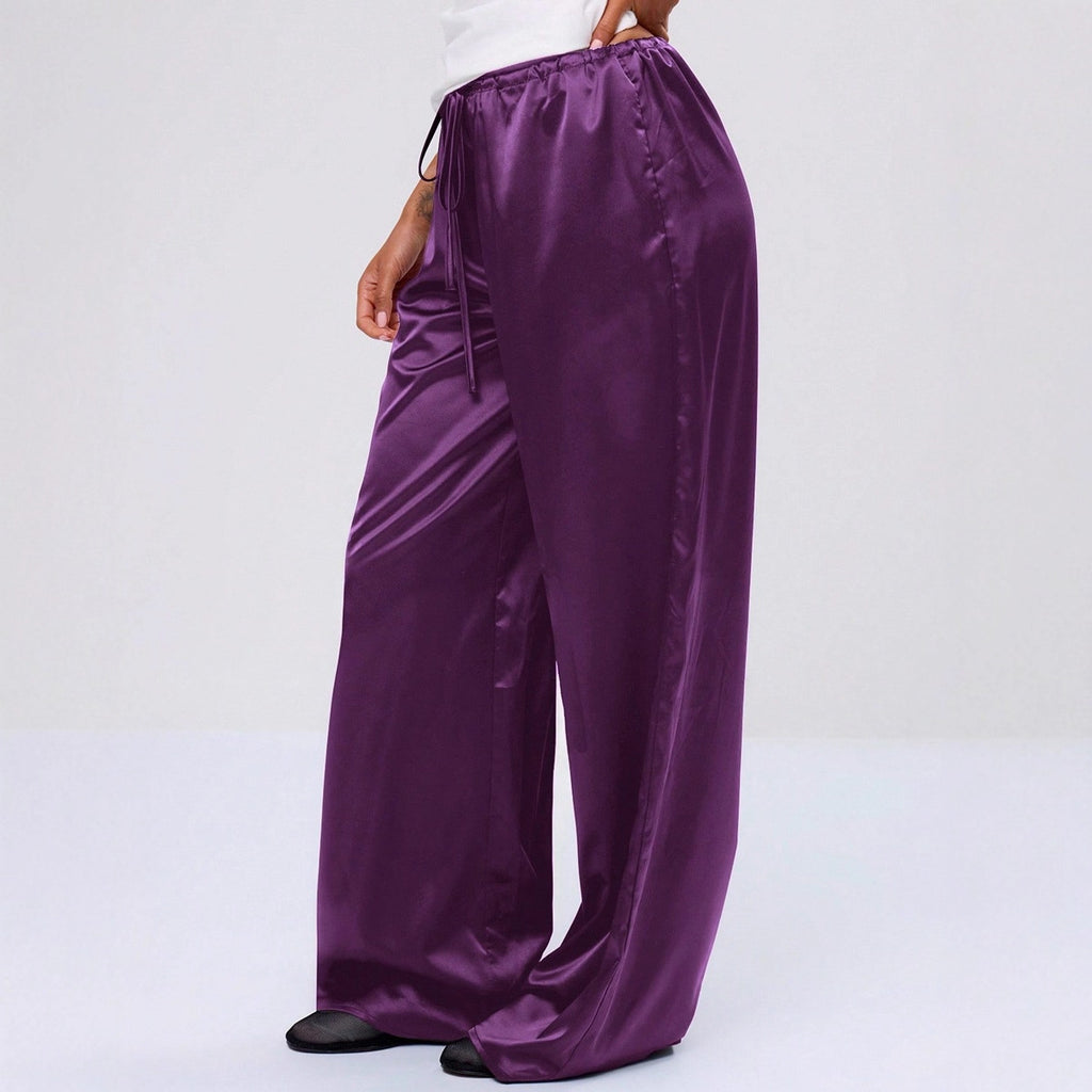 Ropa de mujer, moda de otoño, pantalones casuales de satén, pantalones largos holgados de pierna ancha con cordón