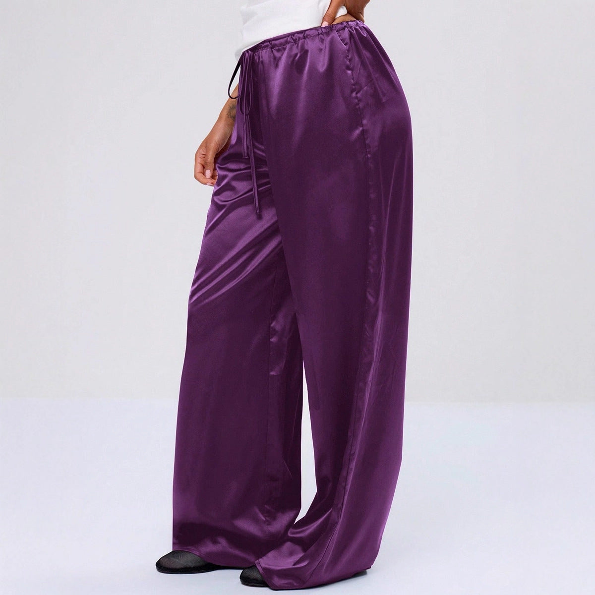 Ropa de mujer, moda de otoño, pantalones casuales de satén, pantalones largos holgados de pierna ancha con cordón