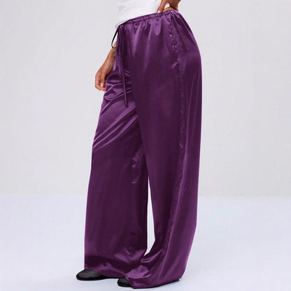 Women Clothing Trendy Autumn Satin Satin Casual Pants Loose Wide Leg Drawstring Long Pants