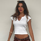 Summer Small Short Top Solid Color Basic Casual Half Open Collar Slim Slimming Short Sleeve T shirt LingSharp