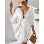 Solid Color Beach Cover up Ring V neck Batwing Sleeve Seaside Vacation Sun Protection Dress Tidee