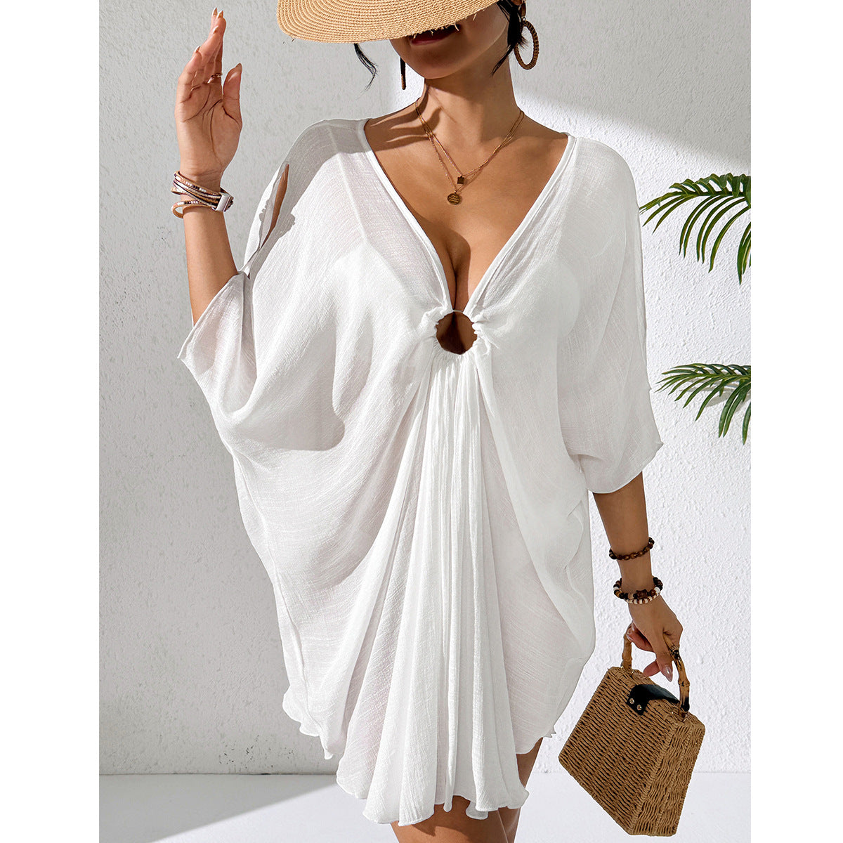 Solid Color Beach Cover up Ring V neck Batwing Sleeve Seaside Vacation Sun Protection Dress Tidee