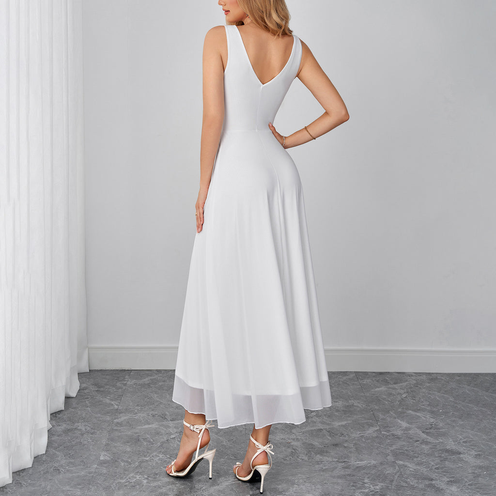 Dignified Goddess Mesh Camisole Dress Sexy V neck Backless Waist Trimming Slimming Dress SUNSHINE