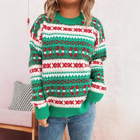 Suéter informal de punto de manga larga con cuello redondo y contraste de color con bonito estampado navideño de otoño e invierno