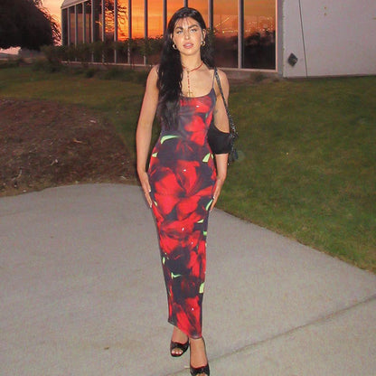 Printed U Neck Strap Slim Fit Sexy Women Dress