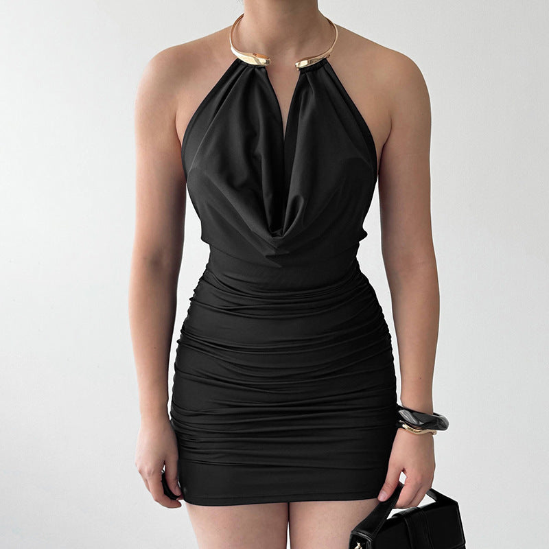 Women Clothing Summer Sleeveless Eyelet Halter Swing Collar Tight Dress HONEYBADGER