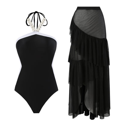 Lonkey Swimsuit Two Piece Solid Color Transparent Mesh Flying Edge Skirt Swimsuit