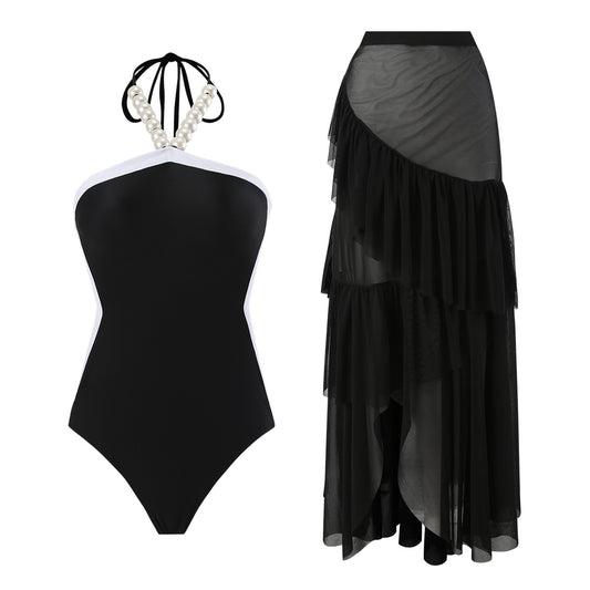Lonkey Swimsuit Two Piece Solid Color Transparent Mesh Flying Edge Skirt Swimsuit
