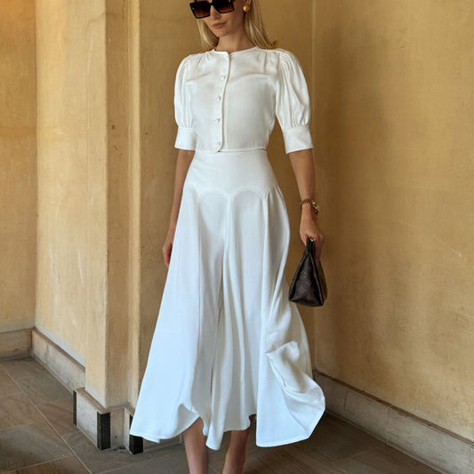 Women Clothing Satin High Grade Skirt Set round Neck Short Sleeve Cardigan Top Elegant Two Piece Set
