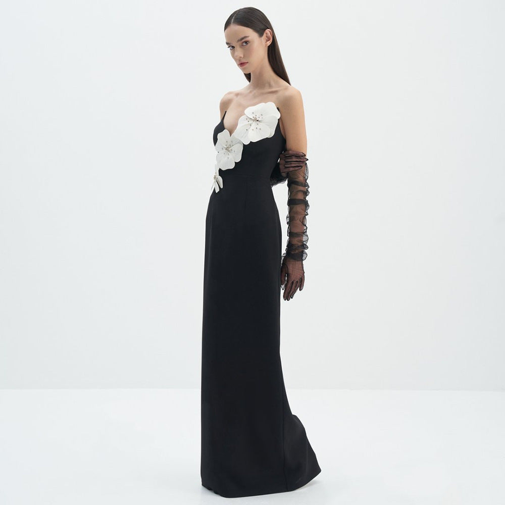 Spring Summer Black Tube Top Dress Floral Diamond Core Split off-Shoulder Design Dress Women Clothing Sight