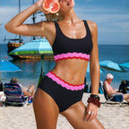 Bikini Black Background Pink Wave Ruffled High Waist Split Swimsuit Set for Women ShineRealm