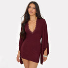 Women Clothing Autumn Solid Color Casual Lace Flared Long Sleeve Bodycon Dress HONEYBADGER