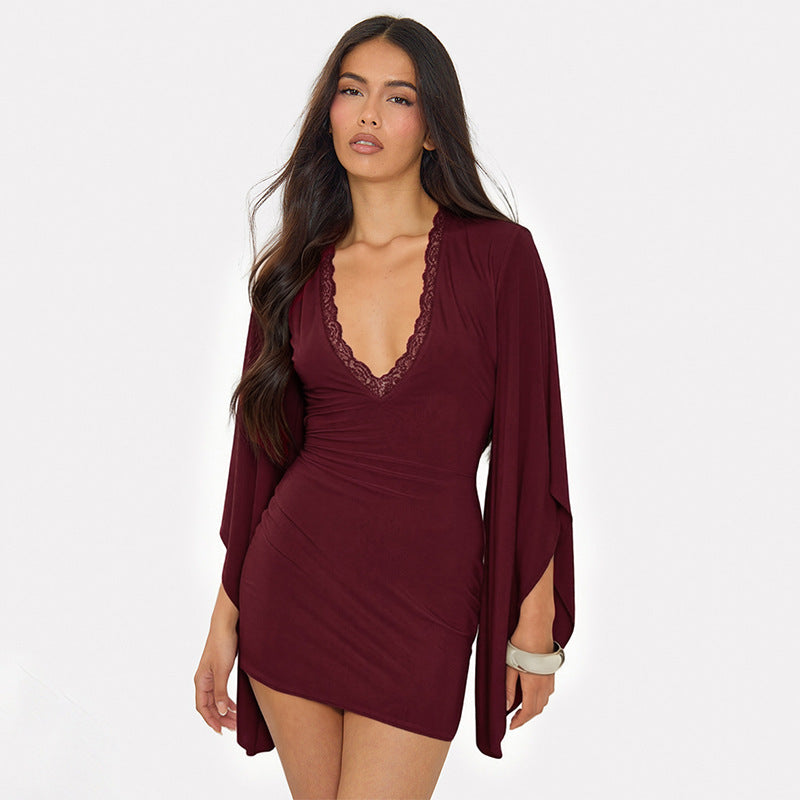 Women Clothing Autumn Solid Color Casual Lace Flared Long Sleeve Bodycon Dress HONEYBADGER