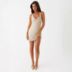 Women Clothing Satin Solid Color V neck Pleated Sexy Halter Backless Dress Midol