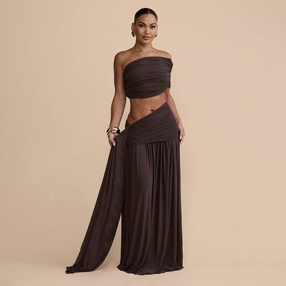 Women Clothing Spring Sexy Solid Color Tube Top Vest Slim Ribbon Pleated Skirt Sets YIMAIL