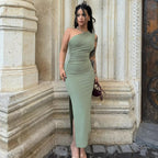 Summer Shoulder Solid Color Split Sleeveless Sexy Sexy Slim Fit Dress WensDiva