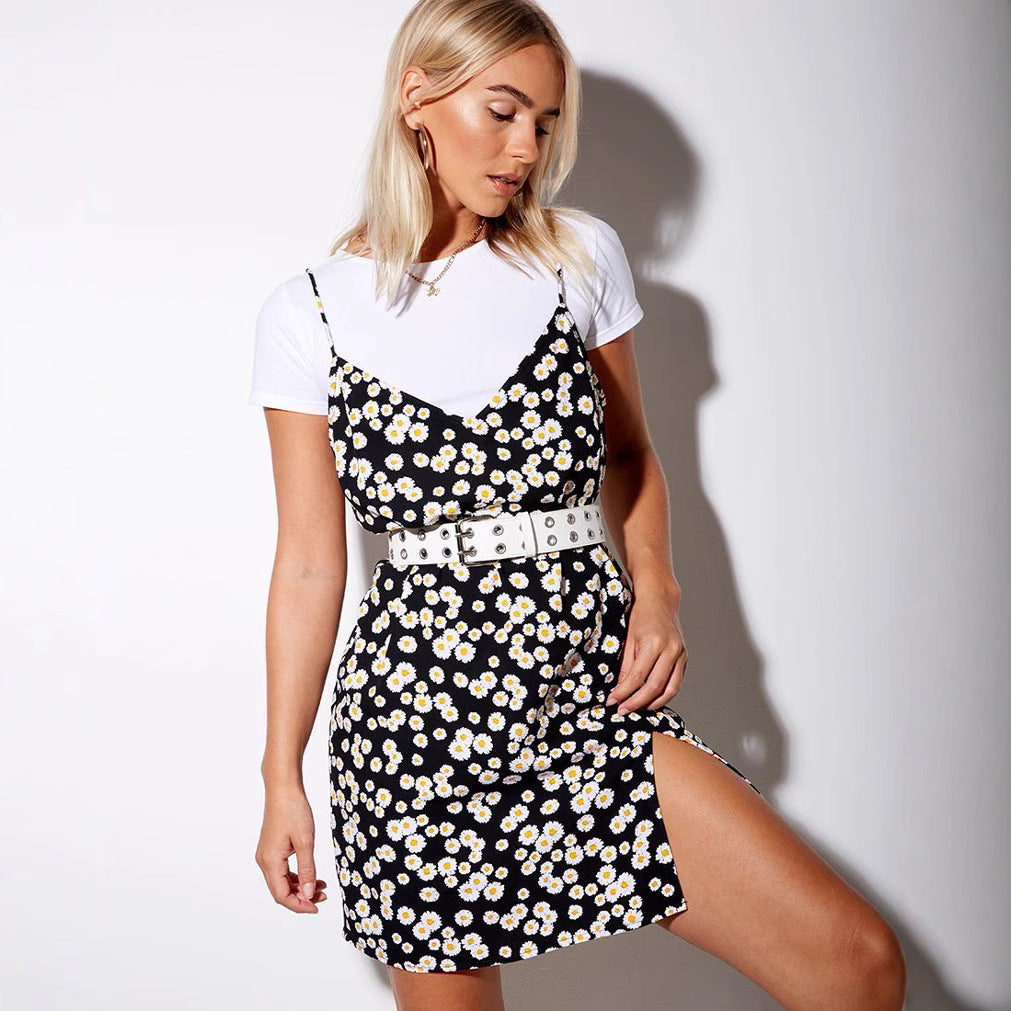 Ladies Dress V neck Printed Outerwear Suspender Dress Cami Dress Zemy