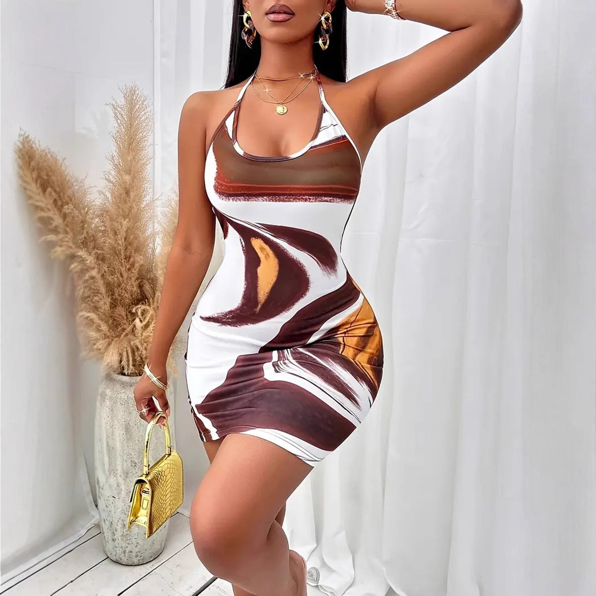 Women Clothes Printed Backless Lace up Skinny Sheath Sexy Cami Dress Venly