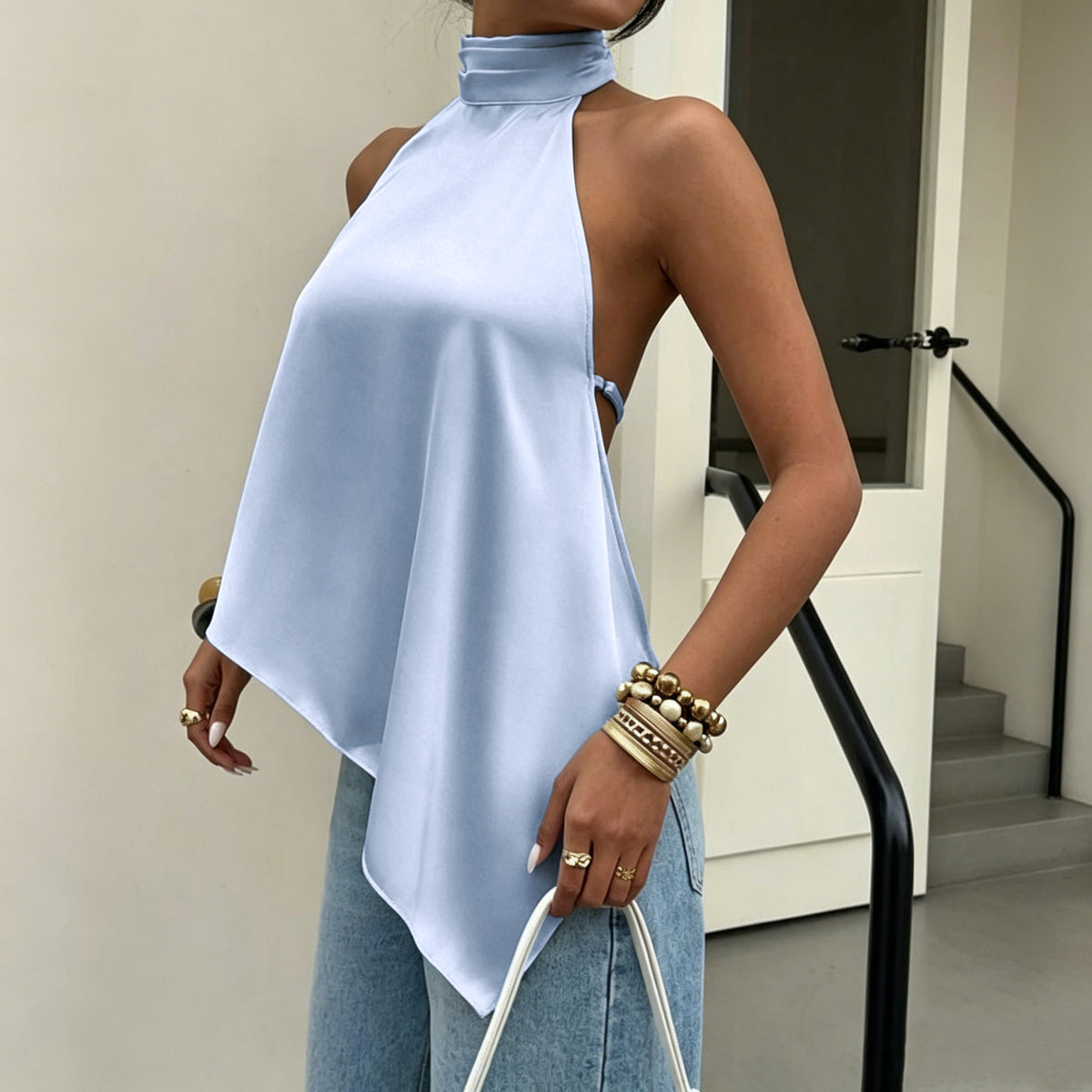 Summer Sky Blue Halter Backless Small Sling Women Irregular Asymmetric Embellished Satin Sexy Sleeveless Elegant Top FOREVEREIGHTEEN