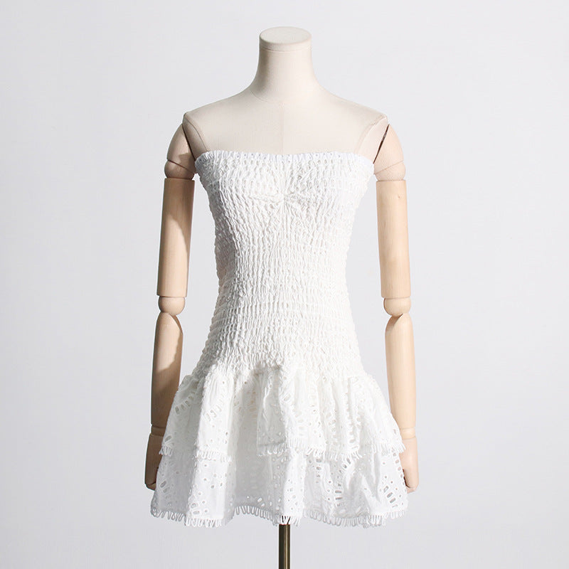 Spring Sexy Sexy Elastic Waist Tube Top Embroidered Ruffled Short Dress for Women BOCAS