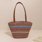 Colorful Striped Shoulder French Straw Bag Large Capacity Woven Bag Women Seaside Vacation Beach Bag EaseWoven