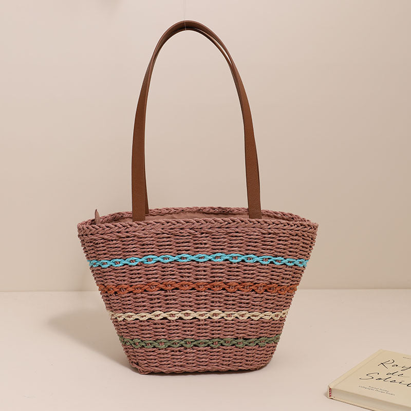 Colorful Striped Shoulder French Straw Bag Large Capacity Woven Bag Women Seaside Vacation Beach Bag EaseWoven