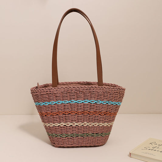 Sac à bandoulière en paille française à rayures colorées, sac tissé de grande capacité pour femmes, sac de plage pour vacances en bord de mer 