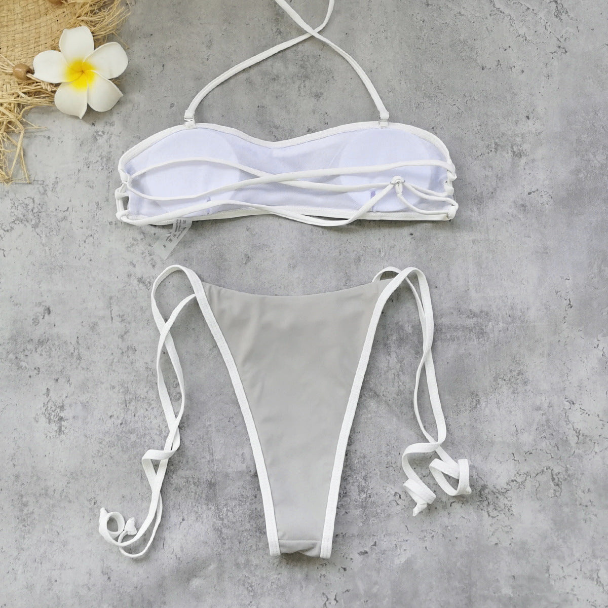 Halter Strap Solid Color Tube Top Low Waist Bikini Sexy Backless Briefs Split Swimsuit Women Thunder