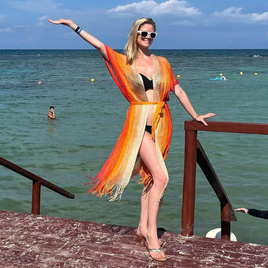 Summer Beach Sun Protection Shirt Gradient Color Lace Up Tassel Beach Cover Up Short Sleeve Knitted Long Cardigan