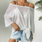 Women Clothing Solid Color Thin Top Lace up Bow Loose off Shoulder Beach Beach Cover Up Oyimi