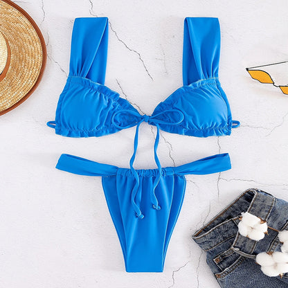 Traje de baño sexy de color sólido para mujer, conjunto de bikini de dos piezas para vacaciones en la playa.