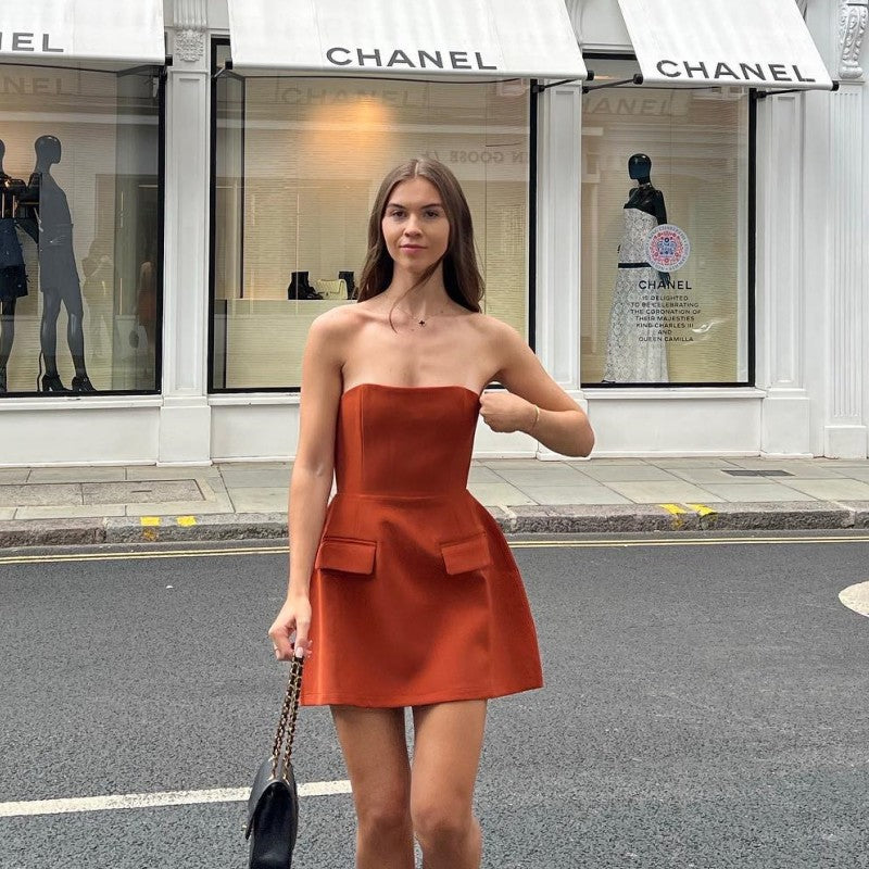 Summer Solid Color Sleeveless Sexy Bandeau Slim Fit High Waist Short Dress Axey