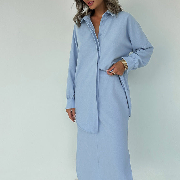 Women Cotton Split Skirt Office Collared Long Sleeve Cardigan Top Two Piece Set