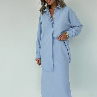 Women Cotton Split Skirt Office Collared Long Sleeve Cardigan Top Two Piece Set