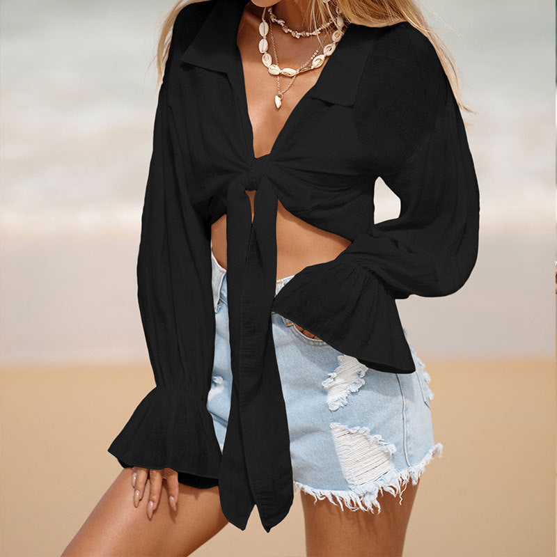 Beach Cover Up Sun Protection Front Lace Up Slub Cotton Shirt Long Sleeve Beach Sun Protection Shirt Women Menara