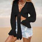 Beach Cover Up Sun Protection Front Lace Up Slub Cotton Shirt Long Sleeve Beach Sun Protection Shirt Women Menara