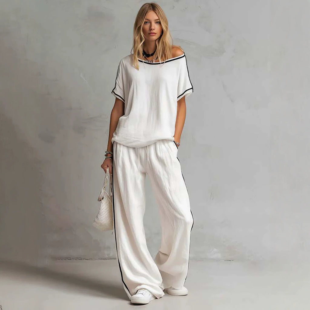 Spring Summer Two Piece Sets Striped Knitted Short Sleeve Contrast Color Women Supply 2026 Casual Two Piece Sets Rogan
