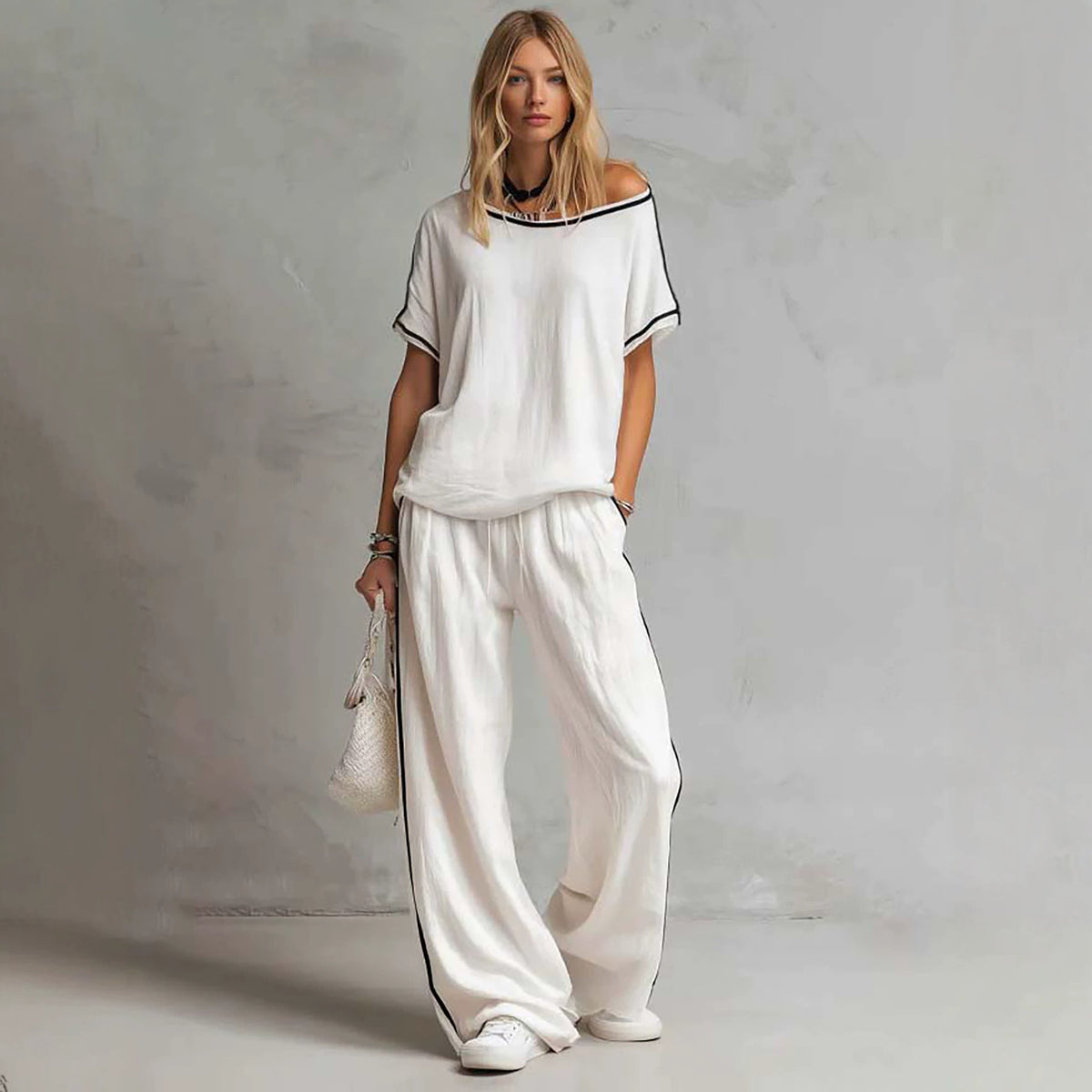 Spring Summer Two Piece Sets Striped Knitted Short Sleeve Contrast Color Women Supply 2026 Casual Two Piece Sets Rogan