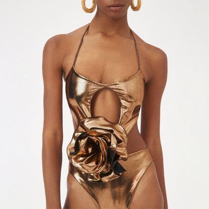 Traje de baño para mujer con escote halter, ahuecado y floral, hecho a mano en oro