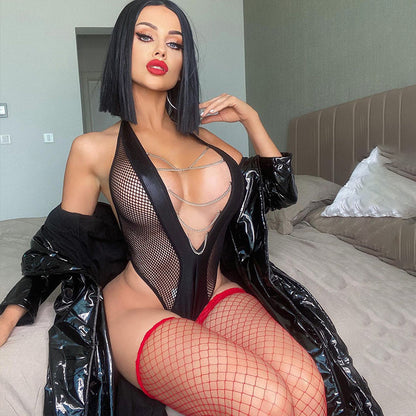 Sexy Backless Transparent Mesh Chain Jumpsuit Sexy Suit