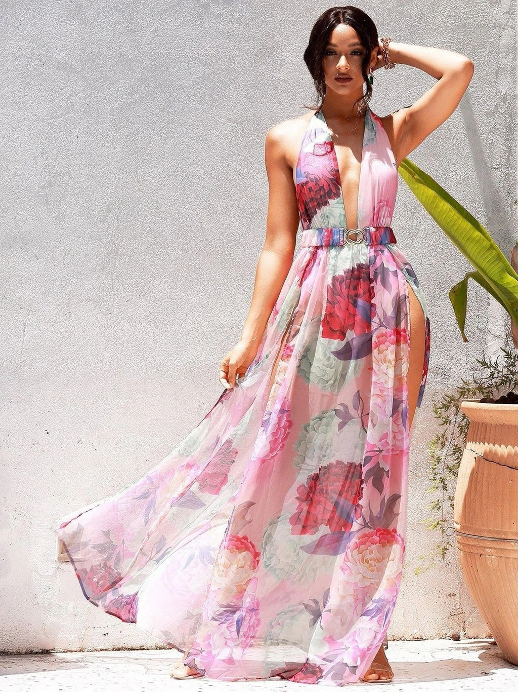 Spring Summer Women Sexy Suspenders Deep V Plunge Floral Shape Printing Slip Dress RMAI