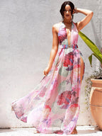 Spring Summer Women Sexy Suspenders Deep V Plunge Floral Shape Printing Slip Dress RMAI