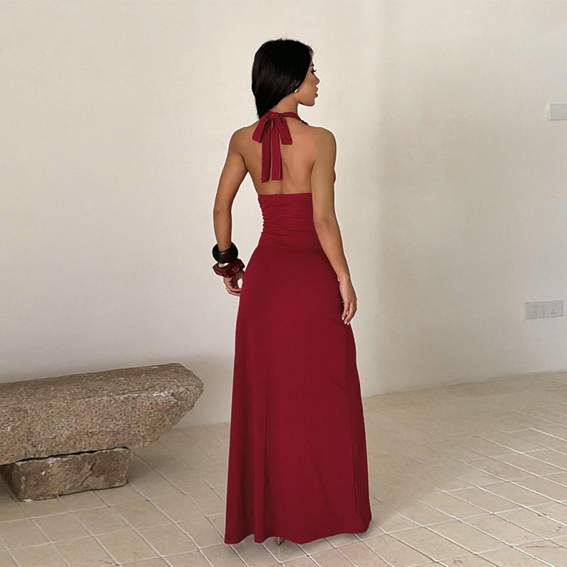 Women Evening Split Halter Party Pleated Dress EFFISEN